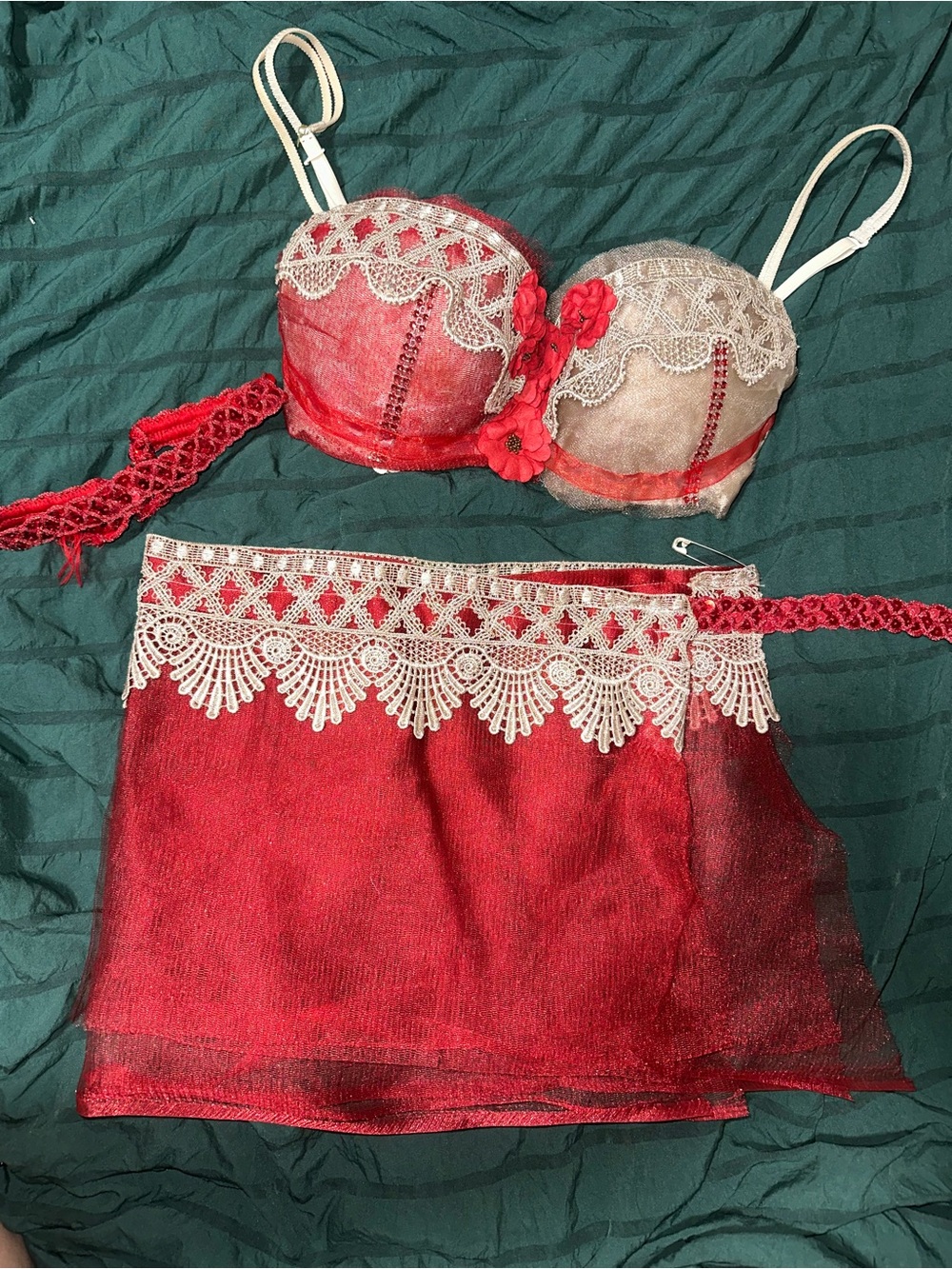 Red Lace & Mesh Embellished Two-Piece Rave Festival Set with Garter